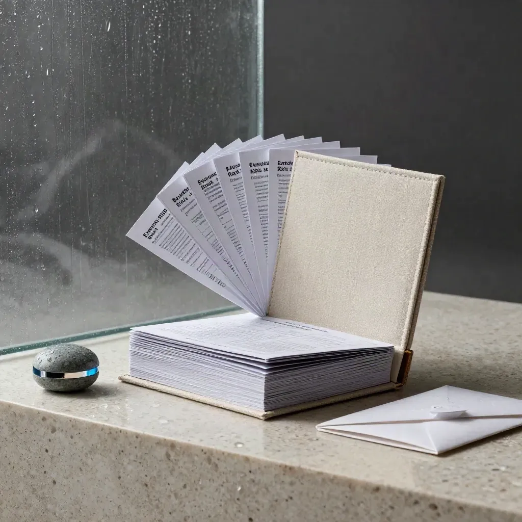 Linen roadmap kit, fanned strategy cards, envelope and stone paperweight on travertine in rainy dawn light