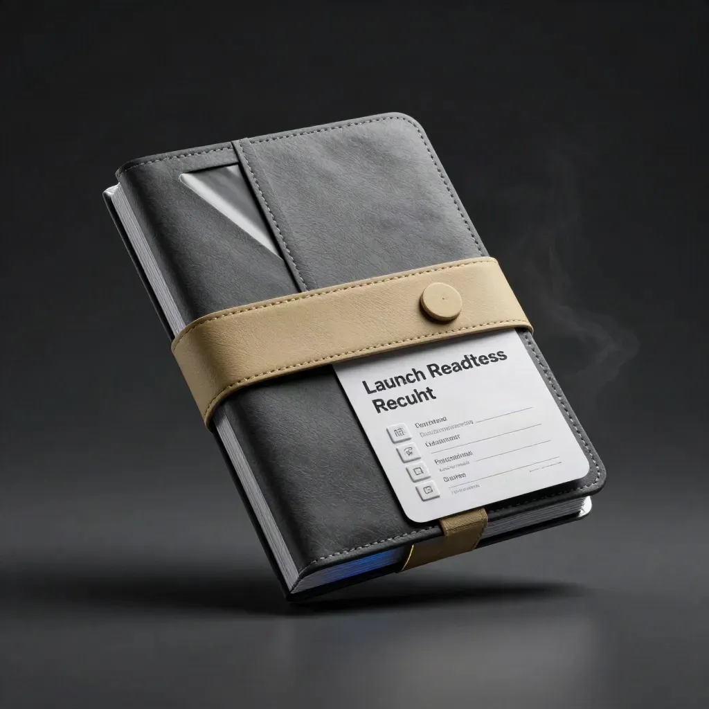 Charcoal review folio with sealed insert, band, and clipped card on black surface.