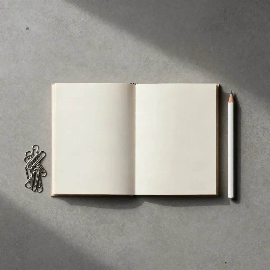 Overhead flatlay of a planning kit with folded action sheet, white pencil, and stacked paper clips on concrete.