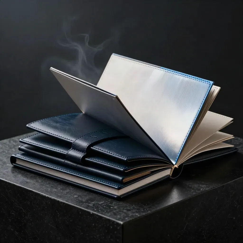 Three premium advisory folios burst open on a matte-black plinth with a reflective divider.
