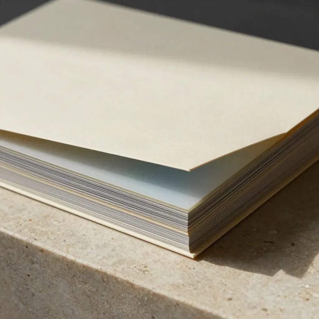 Layered notes folder macro with translucent sheet and steel-blue tint on limestone.